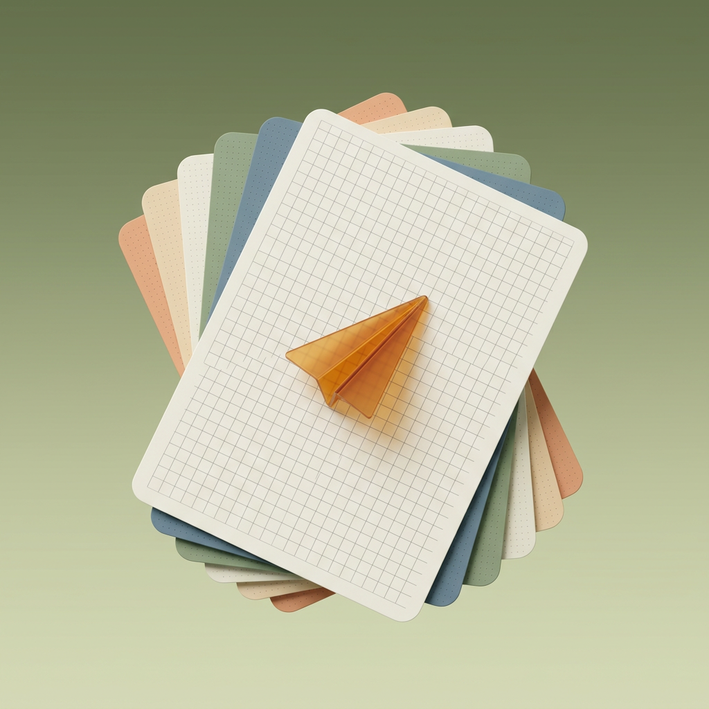Fanned sheets of graph paper in sage, blue and peach with a small amber paper plane resting on top