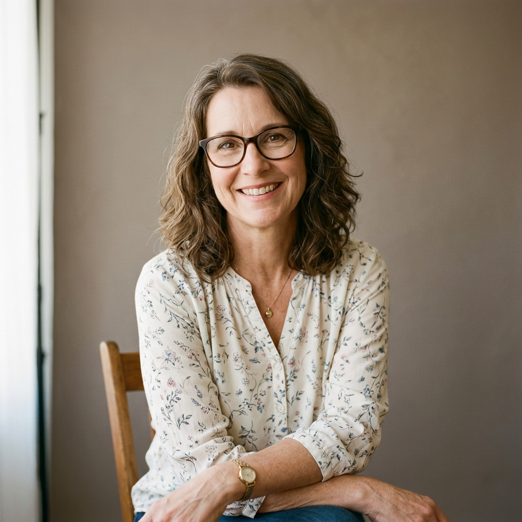 A smiling woman with glasses and wavy brown hair in a cream floral blouse, seated against a taupe wall